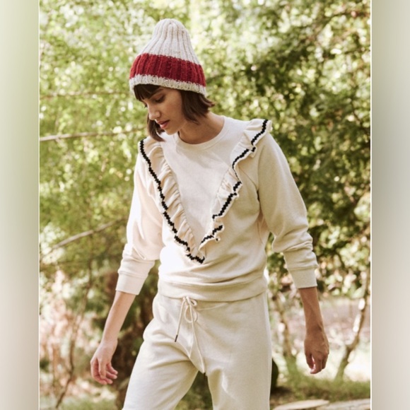 THE GREAT. The Shrunken Ruffle Sweatshirt - Washed White/Cream - Size 0 - Picture 4 of 11